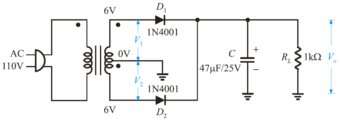 2-4 工作二：中心抽頭式全波整流濾波電路